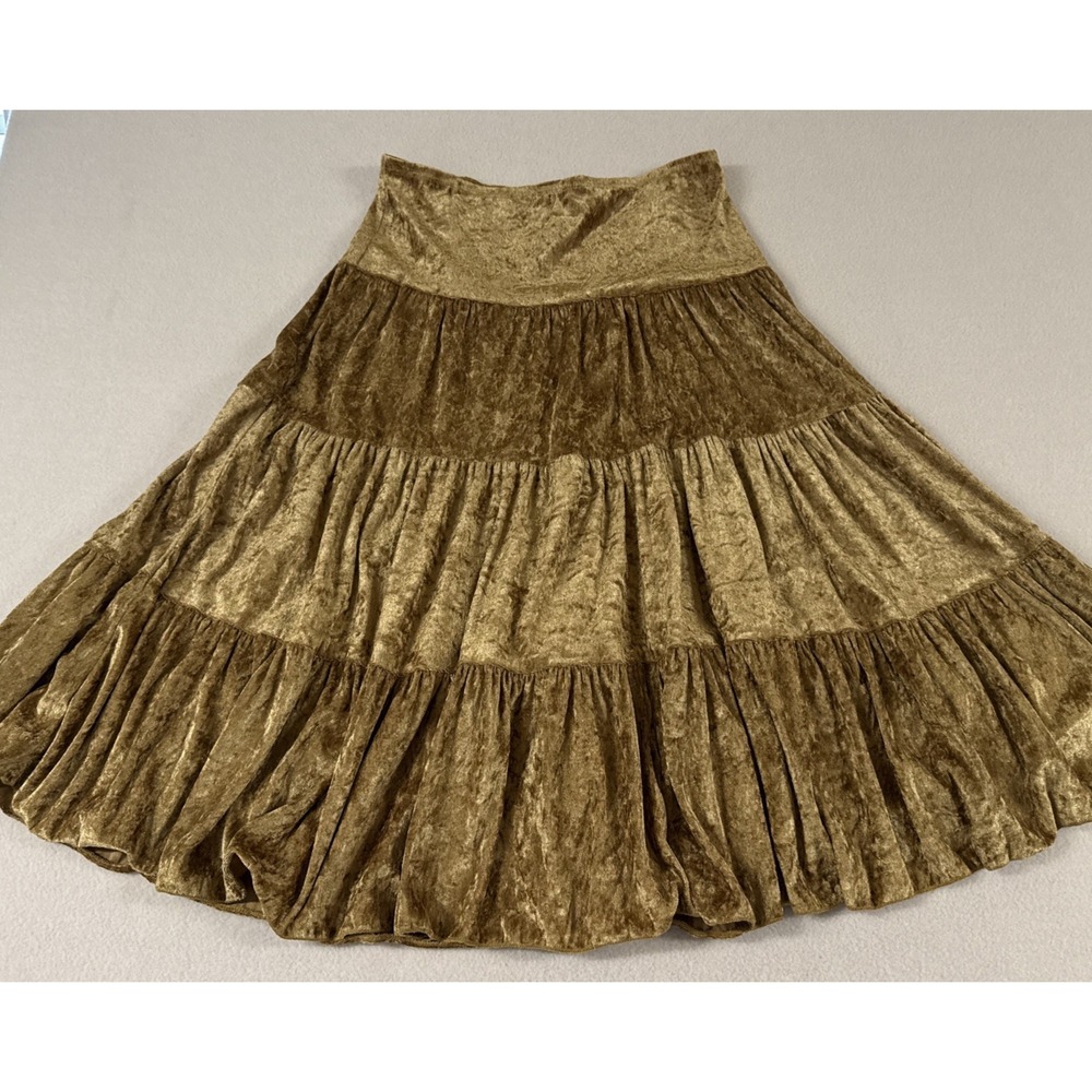 Vtg Y2K Skirt Gold Velvet Midi Tiered MED Whimsigoth Boho Fairy Grunge Witchy